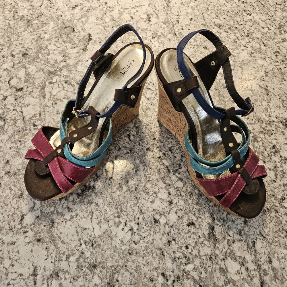 Size 10 Cork Wedge Colorful Heeled Sandals